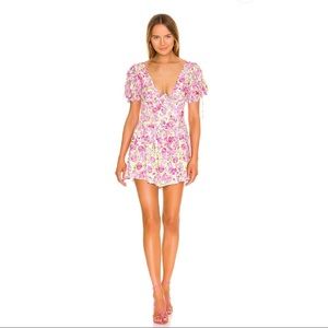 For Love & Lemons Paulina Puff Sleeve Mini Dress in Pink